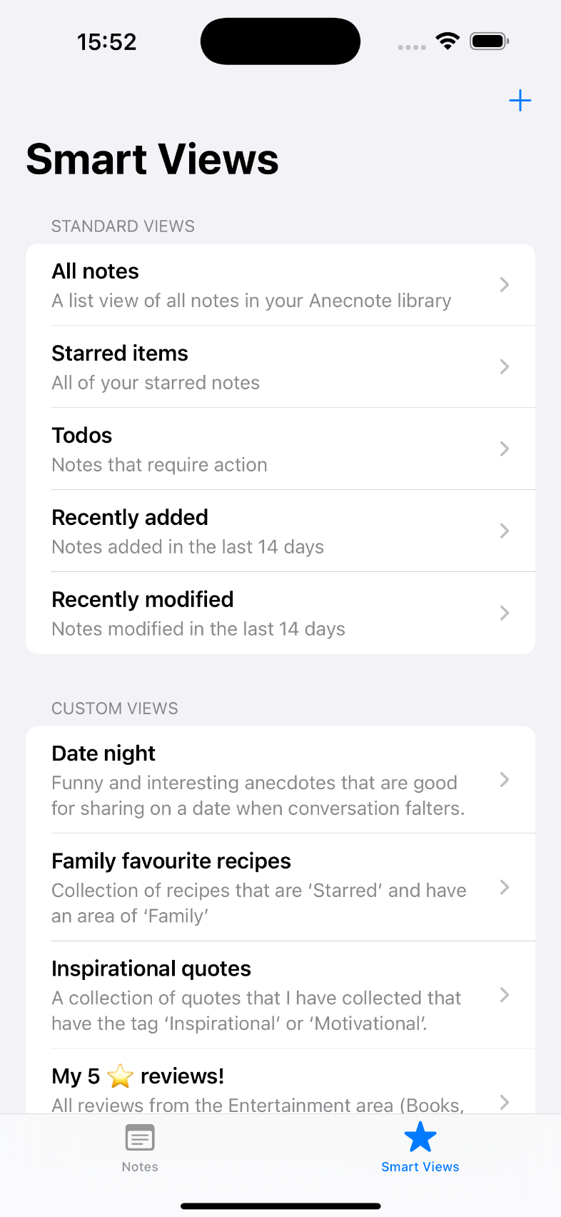 Anecnote Smart View settings screenshot